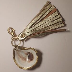Oyster Shell Keychain Purse Charm With Leather Tassel Gold and White